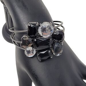 Rhinestone Cluster Wire Cuff Bracelet Flower Black Statement Glam Grunge‎